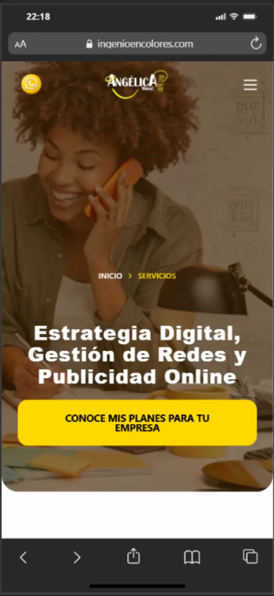 Vista en celular de la página de servicios de Ingenio en Colores