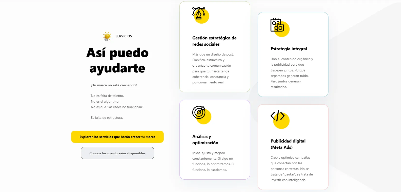 Sección de servicios del sitio web de Ingenio en Colores